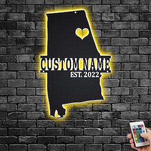 Custom Alabama kaart metalen muurkunst met led licht, gepersonaliseerde Alabama staat naambord decoratie voor kamer, Born in Alabama metalen led-decor