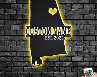 Letrero LED metálico con el mapa de Alabama personalizado: arte mural personalizado