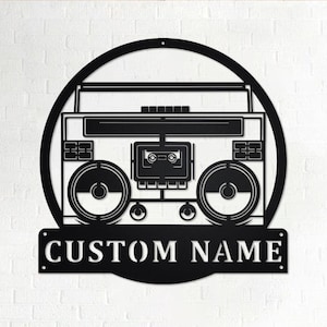 custom radio boombox vintage metalen muurkunst, gepersonaliseerde radio boombox naambord decoratie voor kamer, radio boombox metalen woondecoratie