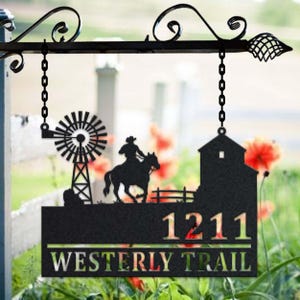 Personalized Cowboy Metal Address Sign House Number Hanging Address Plaque Yard Sign, Outdoor Sign Garden Stake, Metal Address Sign