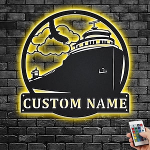 Custom Lake Freighter Ship Metal Wall Art With LED Light, Personalized Freighter Ship Name Sign Decoration For Room, Ship Metal Home Decor
