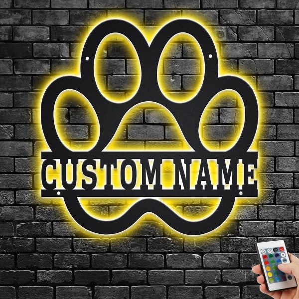 Custom Dog Paw Metal Wall Art With LED Light, Personalized Dog Name Sign Decoration For Pet Room, Dog Paw Metal LED Decor, Custom Dog Name