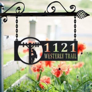 Personalized Lineman Metal Address Sign House Number Hanging Address Plaque Yard Sign, Outdoor Sign Garden Stake, Metal Address Sign