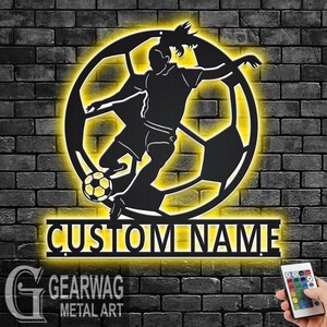 Custom Soccer Metal Wall Art With LED Light, Personalized Soccer Player Name Sign Decoration For Room, Female Soccer Player Metal LED Decor