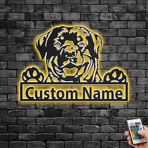 Custom Rottweiler Metal Wall Art With LED Light, Personalized Rottweiler Name Sign Decoration For Dog Room, Rottweiler Metal LED Decor