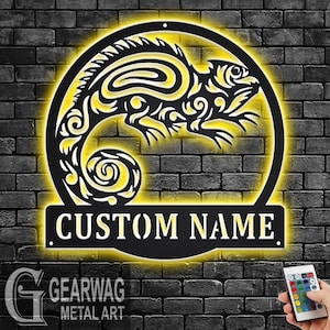 Custom Chameleon Metal Wall Art With LED Light, Personalized Chameleon Name Sign Decoration For Room, Chameleon Metal LED Decor, Chameleon
