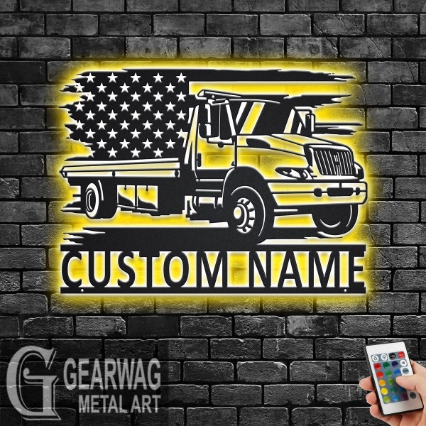 Custom US Tow Truck Metal Wall Art With LED Light, Personalized Tow Trucker Name Sign Decoration For Room, Tow Truck Metal LED Decor