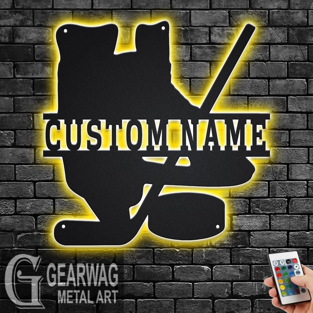 Custom Hockey Metal Wall Art With LED Light, Personalized Hockey Player