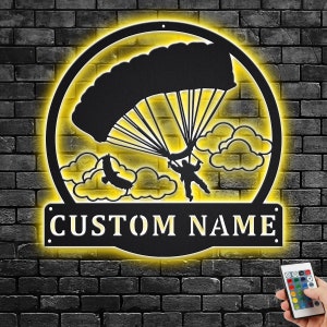 Custom Parachuting Skydiving Metal Wall Art With LED Light, Personalized Parachuting Name Sign Decoration For Room, Parachuting Home Decor
