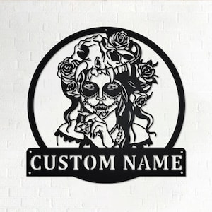 Custom Sugar Skull With Diamond Metal Wall Art, Personalized Sugar Skull Name Sign Decoration For Room, Sugar Skull Metal Home Decor, Skull