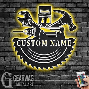 Custom Handyman Metal Wall Art With LED Light, Personalized Workshop Name Sign Decoration For Room, Handyman Metal LED Decor, Dad Workshop