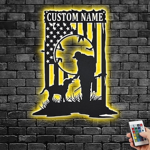 Custom US Hunting Dog Metal Wall Art With LED Light, Personalized Hunter Dog Name Sign Decoration, Dog hunting Metal LED Decor, Dog Hunting