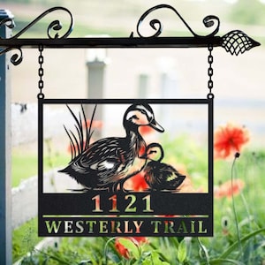 Personalized Duck Metal Address Sign House Number Hanging Address Plaque Yard Sign, Outdoor Sign Garden Stake, Address Name Metal Sign