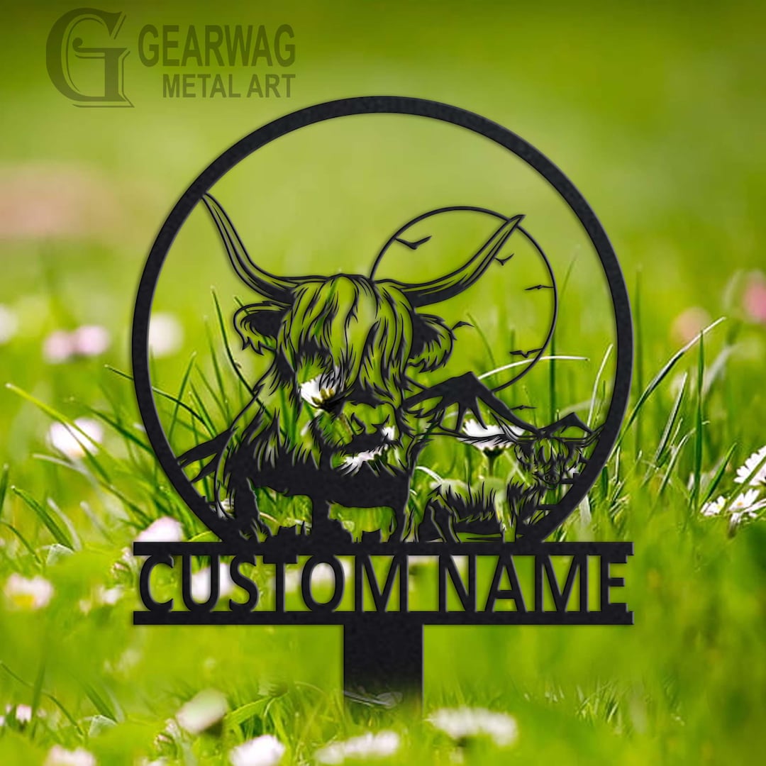 Personalized Highland Cow Garden Sign, Metal Yard Art, Custom Highland ...