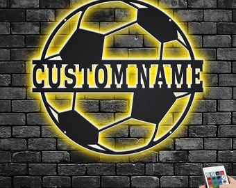 Custom Soccer Ball Metal Wall Art With LED Light, Personalized Soccer Player Name Sign Decoration For Room, Soccer Ball Metal LED Decor