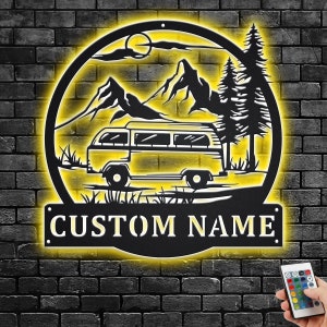 Custom Camper Van Metal Wall Art With LED Light, Personalized Mountain Camper Name Sign Decoration For Room, Camping Metal LED Decor