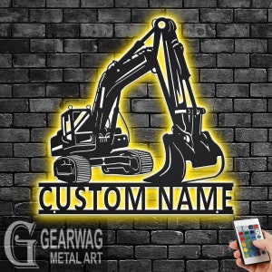Custtom Excavator Metal Wall Art With LED Light, Personalized Excavator Driver Name Sign Decoration For Room, Excavator Metal LED Decor