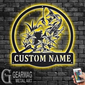 Custom Floral Chameleon Metal Wall Art With LED Light, Personalized Chameleon Name Sign Decoration For Room, Chameleon Metal LED Decor