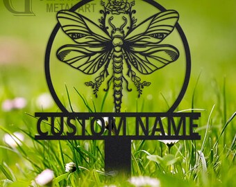 Personalized Dragonfly Garden Sign: Metal Art with Flowers