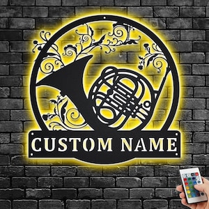 Custom French Horn Metal Wall Art With LED Light, Personalized French Horn Teacher Name Sign Decoration For Room, French Horn Home Decor