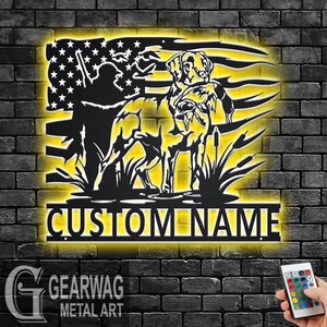 Custom US Duck Hunting Dog Metal Wall Art With LED Light, Personalized Duck Hunter Name Sign Decoration For Room,Hunting Dog Metal LED Decor