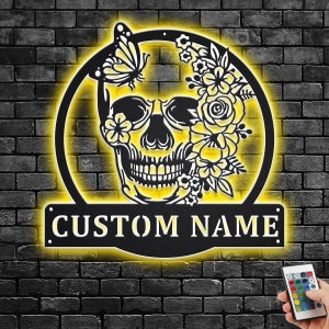 Custom Skull Flower With Butterfly Metal Wall Art With LED Light, Personalized Skull Name Sign Decoration For Room, Skull Metal Home Decor