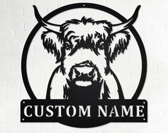 Decorazione murale in metallo personalizzata con mucca delle Highlands: cartello con nome personalizzato