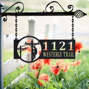 Personalized Lineman Metal Address Sign House Number Hanging Address Plaque Yard Sign, Outdoor Sign Garden Stake, Metal Address Sign