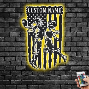 Custom US Football Buddy Metal Wall Art With LED Light, Personalized  Football Player Name Sign Decoration For Room,Football Metal LED Decor