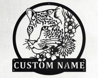 Custom Leopard With Flower Metal Wall Art, Personalized Leopard Name Sign Decoration For Room, Leopard Metal Home Decor, Custom Leopard