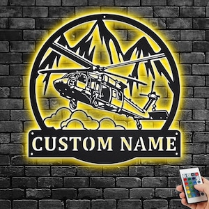 Custom Black Hawk Helicopter Metal Wall Art With LED Light, Personalized Helicopter Name Sign Decoration For Room, Helicopter Home Decor