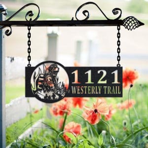 Personalized Fireman Metal Address Sign House Number Hanging Address Plaque Yard Sign, Outdoor Sign Garden Stake, Metal Address Sign