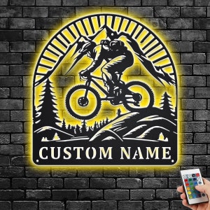 Custom Mountain Bike Metal Wall Art With LED Light, Personalized Mountain Biker Name Sign Decoration For Room, Mountain Bike Metal LED Decor