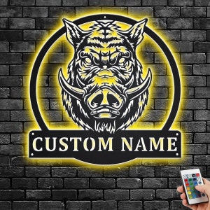 Custom Boar Head Metal Wall Art With LED Light, Personalized Boar Head Name Sign Decoration For Room, Boar Head Home Decor, Custom Boar Head