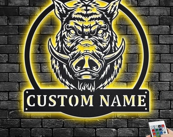 Custom Boar Head Metal Wall Art With LED Light, Personalized Boar Head Name Sign Decoration For Room, Boar Head Home Decor, Custom Boar Head