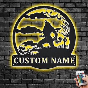 Custom Werewolf Full Moon Metal Wall Art With LED Light, Personalized Werewolf Name Sign Decoration For Room, Werewolf Metal Home Decor
