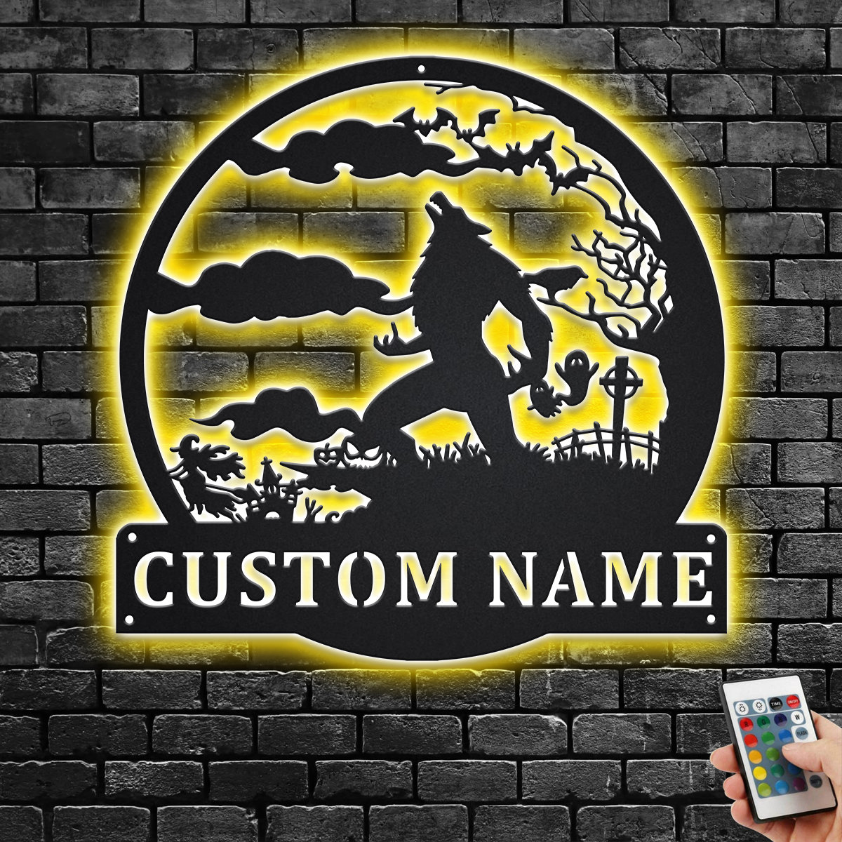 Custom Werewolf Full Moon Metal Wall Art With LED Light, Personalized Werewolf Name Sign Decoration For Room, Werewolf Metal Home Decor