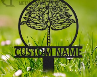 Personalized Dragonfly Garden Sign: Metal Flower Garden Stake