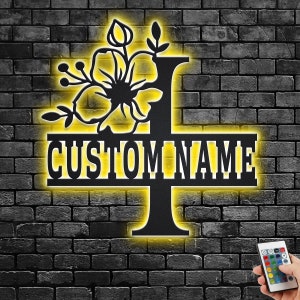 Custom Floral Alphabet I Metal Wall Art With Led Light, Personalized Alphabet Family Name Sign Decoration For Room,Last Name Metal LED Decor