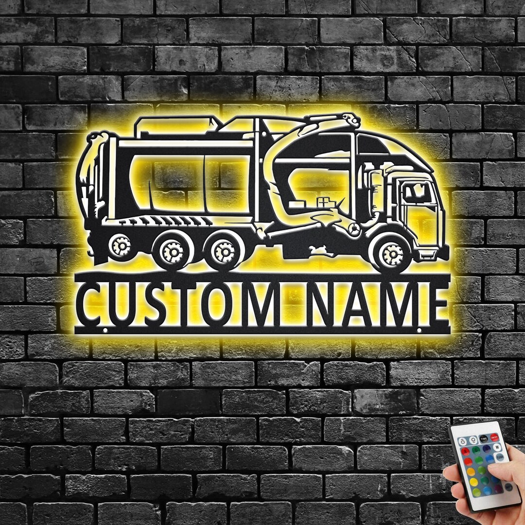 Custom Garbage Truck Metal Wall Art With LED Light, Personalized