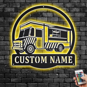 Custom Food Truck Metal Wall Art With LED Light, Personalized Food Trucker Name Sign Decoration For Room, Food Truck Metal LED Decor