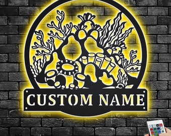 Arte de pared metálico personalizado con diseño de arrecife de coral: Letrero LED con nombre personalizado