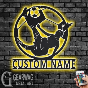 Custom Soccer Metal Wall Art With LED Light, Personalized Soccer Player Name Sign Decoration For Room, Female Soccer Player Metal LED Decor
