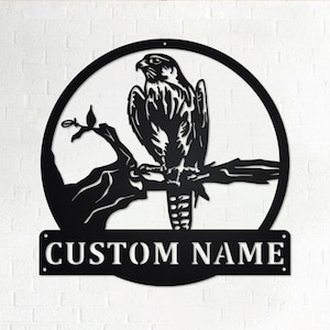 Arte de pared de metal personalizado con diseño de pájaro halcón, letrero con nombre personalizado para habitación, decoración del hogar con diseño de pájaro halcón, pájaro halcón personalizado