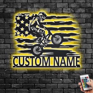 Custom US Bicycle Racing Metal Wall Art With LED Light, Personalized Bicycle Racer Name Sign Decoration For Room, Bicycle Metal LED Decor