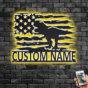 Custom US Dinosaur Metal Wall Art With LED Light, Personalized Dinosaur Name Sign Decoration For Living Room, Dinosaur Metal LED Decor