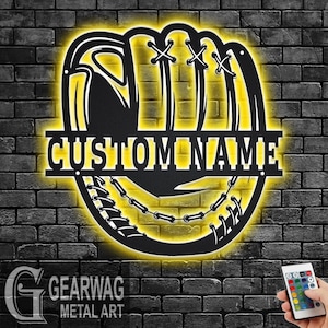 Guante de béisbol personalizado, arte de pared de metal con luz LED, letrero con nombre de jugador de béisbol personalizado para habitación, decoración de béisbol de metal con LED