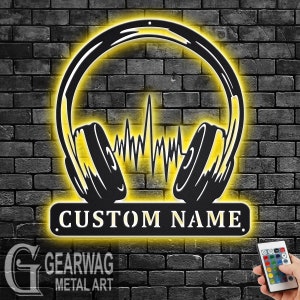 Custom Headphone Metal Wall Art With LED Light, Personalized Headphone Name Sign Decoration For Room, Headphone Metal LED Decor