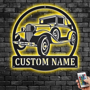 Custom Vintage Car Metal Wall Art With LED Light, Personalized Garage Name Sign Decoration For Room, Vintage Car Metal LED Decor