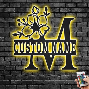 Custom Floral Alphabet M Metal Wall Art With Led Light, Personalized Alphabet Family Name Sign Decoration For Room,Last Name Metal LED Decor